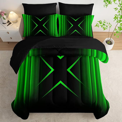 Black and Green Geometric Comforter Set King Size 7Pieces,3D Abstract Mordern Printed Bedding Set for Adults,Geometric Mordern Decor All Seasons with Pillowcases,Flat, Fitted Sheet