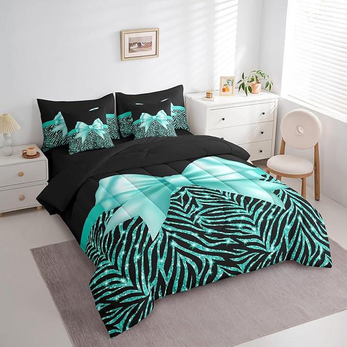 Feelyou Teal Bowknot 7 Piece Bedding Set Twin Size Glitter Print Comforter Set with Sheets for Kids Girls Adult Cute Bowknot Bed in a Bag Black Silver Bed Set