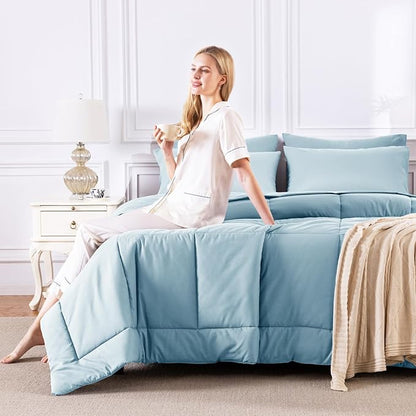 CozyLux Queen Comforter Set Light Blue, 7 Pieces Bed in a Bag, Blue Comforter Queen Size, All Season Bedding Sets with Stitch Quilted Comforter, Flat Sheet, Fitted Sheet, Pillowcases
