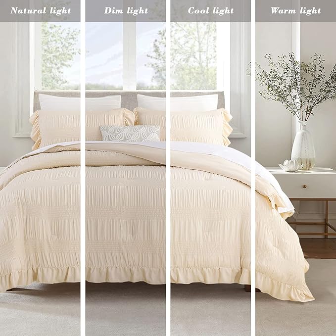Twin Comforter Set, Seersucker Vintage Comforter Ultra-Soft Bedding Set Twin/Twin XL 3 Piece Set, Down Alternative Light Weight Comforter Set (Beige, Twin 68"x90")