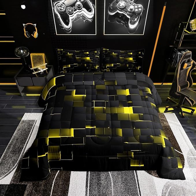 Erosebridal Black Yellow Comforter Set King Neon Geometric Checkered Bedding Set for Kids Adults Abstract Stereoscopic Grids Quilt Square Plaid Bed Set 3 Pcs Gamer Room Decor