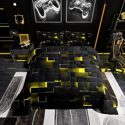 Erosebridal Black Yellow Comforter Set Twin Neon Geometric Checkered Bedding Set for Kids Adults Abstract Stereoscopic Grids Quilt Square Plaid Bed Set 2 Pcs Gamer Room Decor