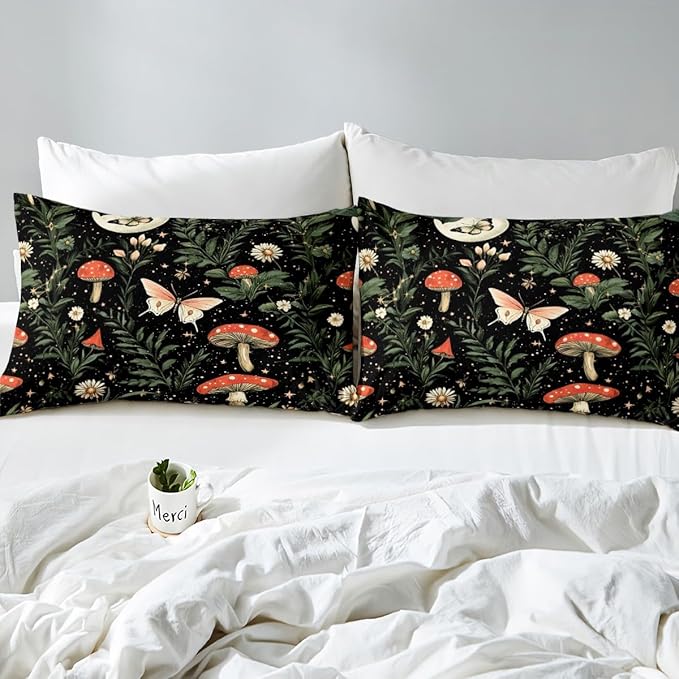 Erosebridal Red Mushroom Bedding Set Queen for Kids, Gothic Moth Comforter Set Butterfly Vintage Plants Boho Floral Comforter for Boys Girls Teens Women Men, Moon and Starry Star Black Quilt