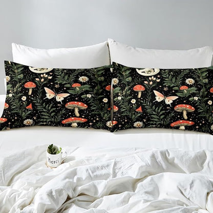 Erosebridal Red Mushroom Bedding Set Toddler for Kids, Gothic Moth Comforter Set Butterfly Vintage Plants Boho Floral Comforter for Boys Girls Teens Women Men, Moon and Starry Star Black Quilt