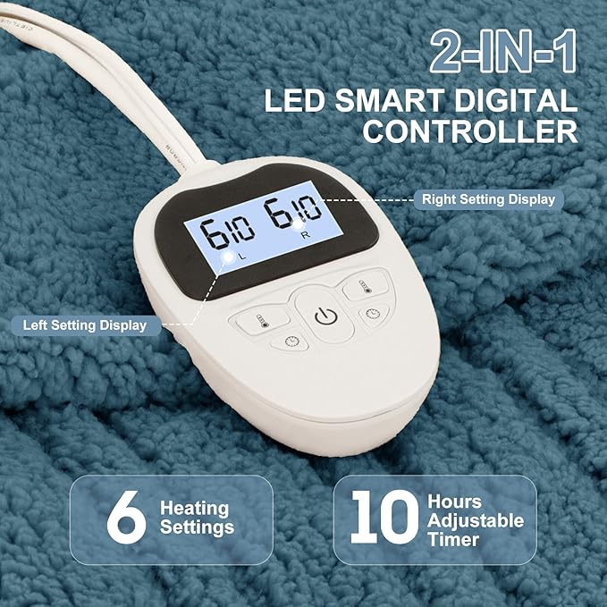 Electric Blanket Queen Size Single Control - Soft Double Sided Sherpa Heated Blanket with 6 Fast Heating Levels & 10 hrs Timer Settings, Washable & Overheat Protection for Bed, Blue