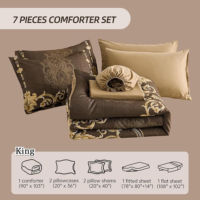 Mybedsoul 7 Pieces Coffee Comforter Set King Size, Damask Bed in a Bag for King Bed, Lightweight Microfiber Boho Bedding Sets with Comforter, Sheet, Pillowcases & Shams for All Season(90"x104")