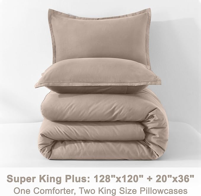 Litanika Light Coffee Oversized King Comforter Set Super King Plus Size, 3 Pieces Lightweight Solid Bedding Comforter Set, All Season Fluffy Bed Set (128x120In Comforter & 2 Pillowcases)