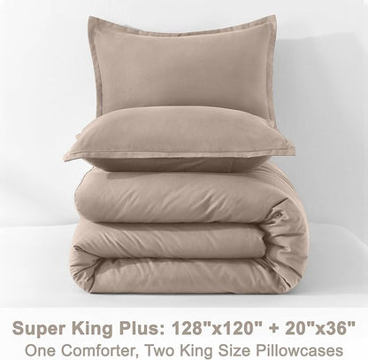 Litanika Light Coffee Oversized King Comforter Set Super King Plus Size, 3 Pieces Lightweight Solid Bedding Comforter Set, All Season Fluffy Bed Set (128x120In Comforter & 2 Pillowcases)