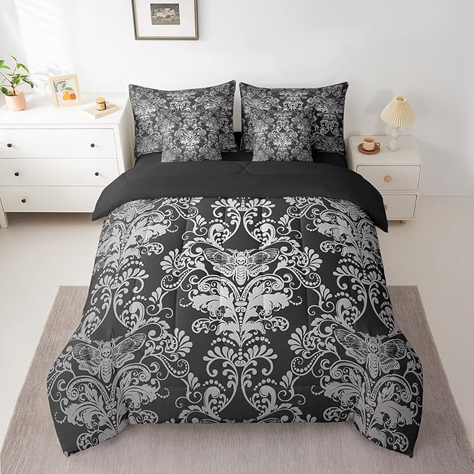 Erosebridal Gothic Damask Bed in a Bag Queen Comforter Set 7 Piece,Exotic Moth Bedding Sets Black White Victorian Floral Goth Sheet Set with Comforter