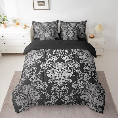 Erosebridal Gothic Damask Comforter Set 7 Piece Bed in a Bag Twin,Exotic Moth Bedding Sets Black White Victorian Floral Goth Sheet Set with Comforter