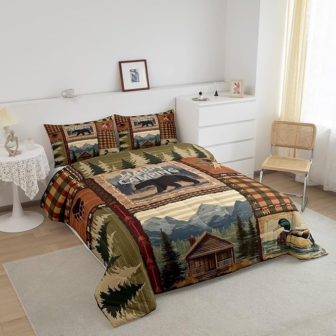 Erosebridal Camping Comforter Set for Kids Boys Girls,Vintage Camper Mountain Tree Bedding Set,Wooden Happy Camping Comforter Sets Twin,Rustic Bear Duvet Insert with 1 Pillowcase Cabin Lodge Decor