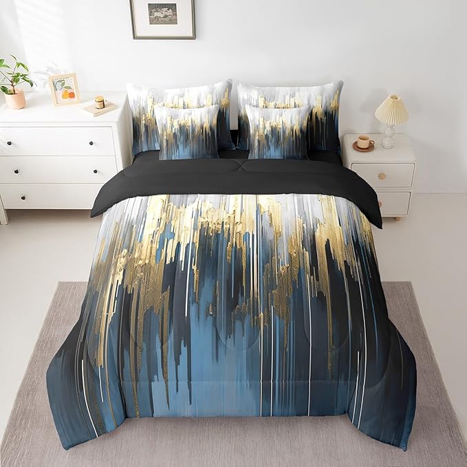 Navy Blue Bedding Comforter Sets 7pcs Gradient Brush Marks Bed in a Bag Watercolor Stripe Aesthetic Twin Bedding Sets Greyish White Ombre Comforter Set, Vintage Contemporary Bedding Sets & Collections