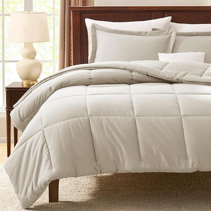 CozyLux Queen Size Comforter Sets Beige - 3 Pieces Box Stitched Queen Bed Set for All Seasons, Soft Lightweight Bedding Sets with 1 Down Alternative Comforter and 2 Pillow Shams