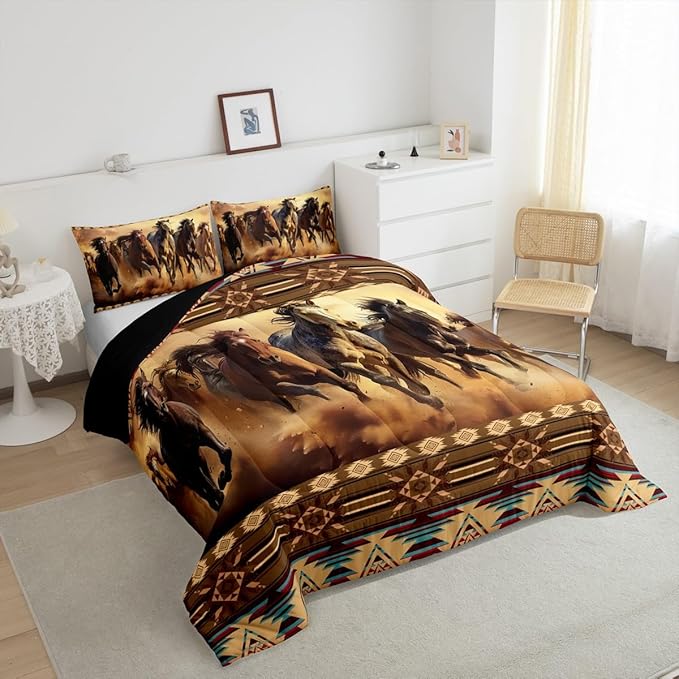 Feelyou Boho Comforter Set Toddler Size Horses Comforter Southwestern Native Aztec Bedding Set Retro Exotic Boho Duvet Set Room Decor Dark Brown Quilt Set