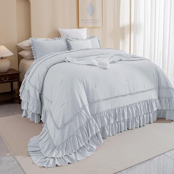 QSH Oversized King Comforter 120x120,3PCs Light Blue Farmhouse Ruffle Bedding Comforter Shabby Boho Chic Ruffled California King Comforter Soft Microfiber Lightweight Fluffy Bed with Pillowcases