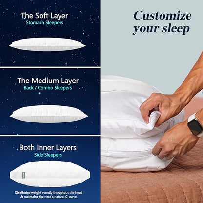 Nuzzle Cooling Adjustable Pillows for Side Sleepers, Luxury Queen Size Set of 4 Bed Pillows Hotel Collection - Best Adjust Height Soft Firm Pillows for Back, Stomach and Side Sleepers
