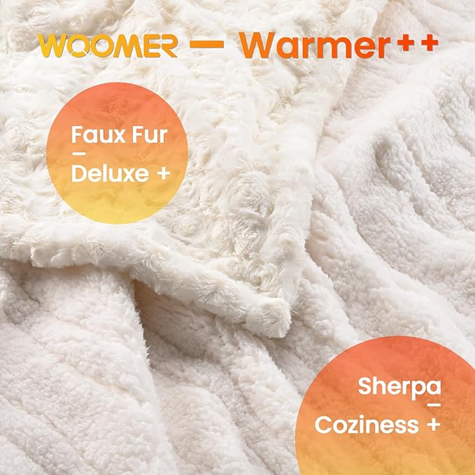WOOMER Heated Blanket Queen Size 84" x 90", Electric Blanket with Dual Controls, 0.5-12 Hours Timer & 10 Heating Levels, ETL Certified, White Rose Patterns Faux Fur & Sherpa, Machine Washable