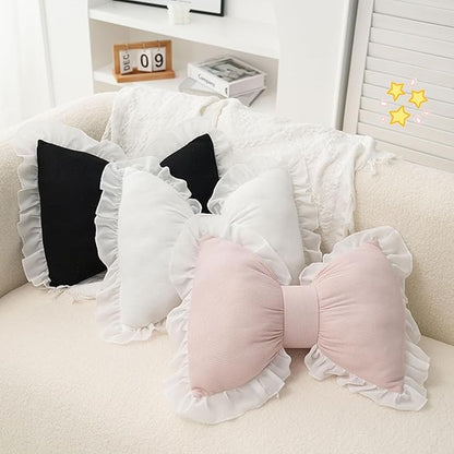 Bow Pillow for Couch, Pink Bow Pillow Throw Pillow Ruffle Lace Bow Pillows Decorative, Cute Bow Shaped Pillows for Sofa Couch Bed Living Room Bedroom Pink