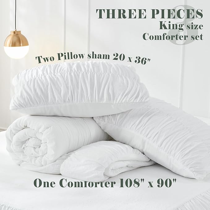 Bonlino King Size Comforter Set - Ruched White Comforter King Bed Set Boho Shabby Chic Bedding - Fluffy 3 Piece Ruffle Comforter Set with Pillow - Soft and Luxury