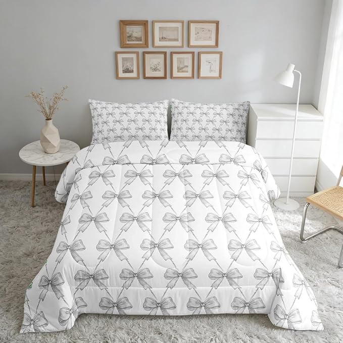 Feelyou Gray Bow Comforter Set King Size Cute Bowknot Bedding Set Boys Girls Kawaii Comforter for Kids Women Men Bow and Stripes Duvet Set 3Pcs