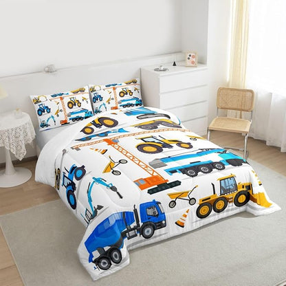 Tractor Comforter Set King Excavator Bedding Set For Boys Kid Construction Trucks Down Comforter Yellow Blue Equipment Truck Machinery Vehicle Bedroom Decor Forklift Bulldozer Crane Duvet Insert