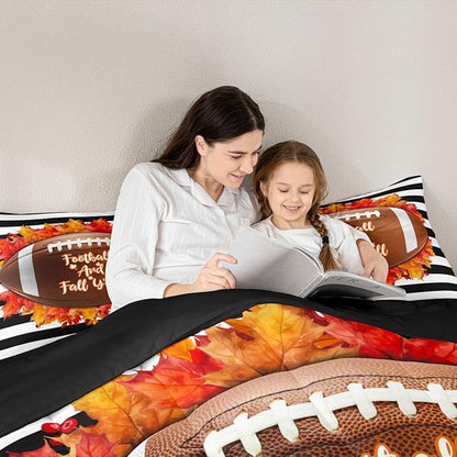 Football And Fall Y’All Bedding Set Twin For Boys Autumn Thanksgiving Theme Comforter Set For Kids Teen Ball Sports Quilt Duvet Soft Lightweight Maple Leaves Black Striped Comforter 1 Pillow Case