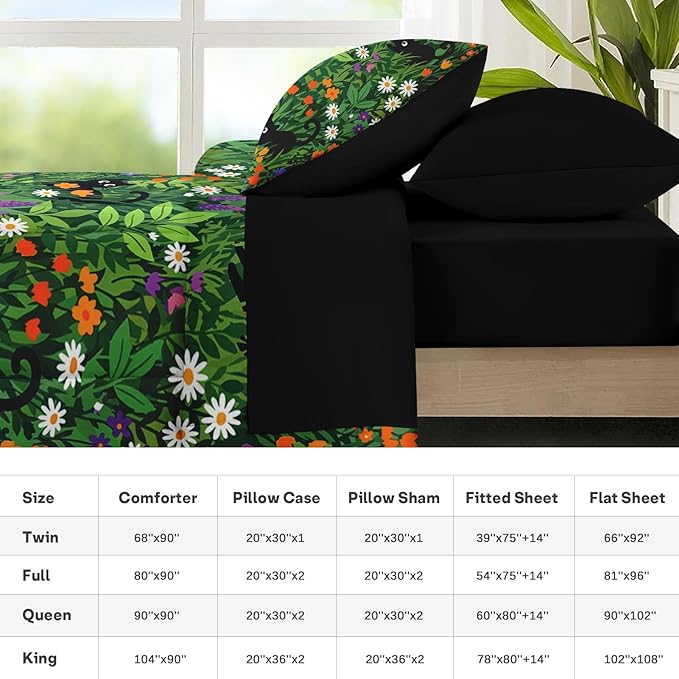 Nesker 7 Pcs Spring Comforter Set Queen Size, Black Cat Flower Bedding Set for Kids and Adults, Green Garden Bed Sheet Sets with Fitted Sheet 2 Pillowcases & 2 Shams