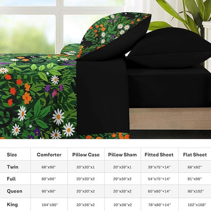 Nesker 7 Pcs Spring Comforter Set Queen Size, Black Cat Flower Bedding Set for Kids and Adults, Green Garden Bed Sheet Sets with Fitted Sheet 2 Pillowcases & 2 Shams