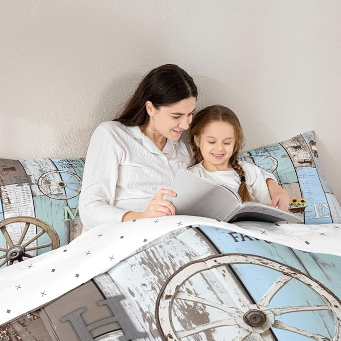 Rustic Farmhouse Bedding Sets For Cabin Lodge Western Country Comforter Set Retro Barn Door Wheel Windmill Quilt Set Full,Farm Animal Sunflower Planks Duvet Insert Blue Grey Brown 2 Pillow Cases