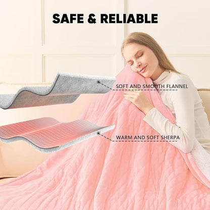 greenoak Heated Blanket Electric Twin 62"X84", Heating Blanket with 10 Heat Levels 1/2/4/6/8 Hours Auto-Off, Soft Flannel Sherpa Warm Heater Christmas Blanket, Light Pink