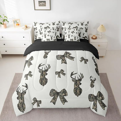 Erosebridal Camouflage Comforter Set Deer Bow Bed in A Bag Queen Size 7 Pieces Hunting Ribbon Army Bowknot Camo Rustic Bed Set Brown Beige Bedding