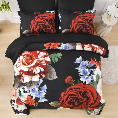 Drucon Queen Comforter Set - 7 Pieces Floral Black Soft Bedding Sets, Queen Bed in a Bag with Botanical Red Flowers Comforter, Sheets, Pillowcases & Shams