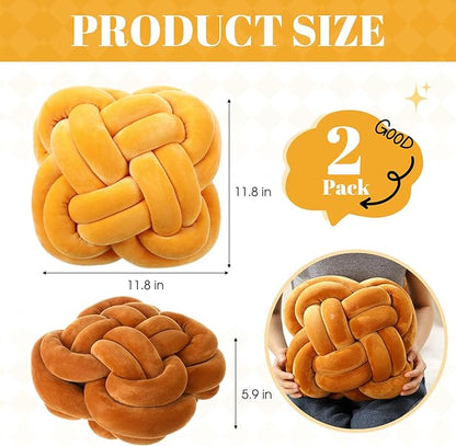 2 Pcs Knot Pillow Balls Set, 12 Inch Soft Decorative Throw Knot Pillow Ball, Large Square Knotted Floor Cushion for Living Room Bedroom Sofa Couch Bed Home Decoration (Caramel Brown, Turmeric)