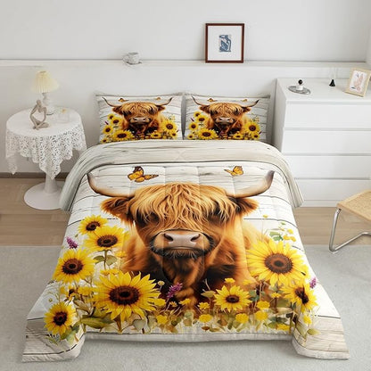 Feelyou Highland Cow Comforter Set Full Size Highland Cattle Comforter for Boys Girls Teens Animal Bedding Set Wildlife Duvet Set Room Decor Yellow Beige Quilt Set