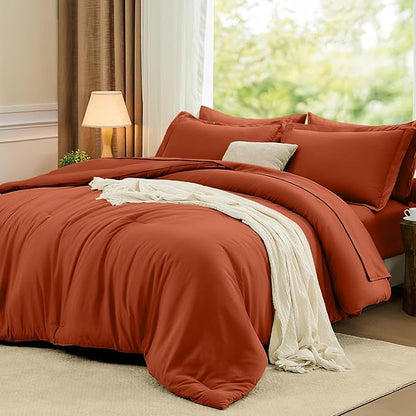 FUANNA Queen Comforter Set Burnt Orange, 7 Pieces Soft Bedding Sets Queen Size, All Season Lightweight Bed in a Bag with Comforter, Flat Sheet, Fitted Sheet, Pillowcases & Shams