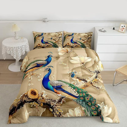 Feelyou Peacock Comforter Peacock with Floral Bedding Set for Kids Adults Girls Animals Comforter Set Botanical Quilt Set 1 Comforter Set with 2 Pillowcases Queen Size