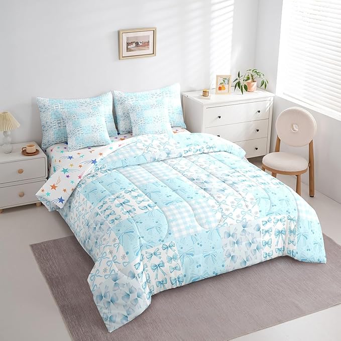 Feelyou Blue Bow Comforter Set with Sheets Full Size Kids Bowknot Plaid 7 Pieces Bedding Set for Boys Girls Teens Gift for Girls Women Grid Bed in a Bag Breathable Princess Décor Bed Set