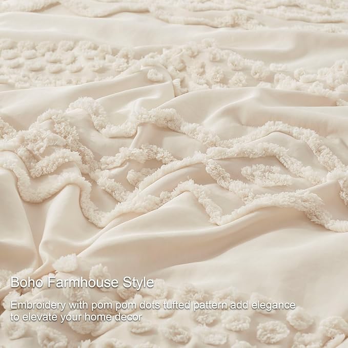 Luxudecor Beige Tufted Comforter Set Full Size 3 Pieces Boho Shabby Chic Comforter Farmhouse Embroidery Bedding Set Soft Comforter for All Seasons (Beige, 80''x90'')