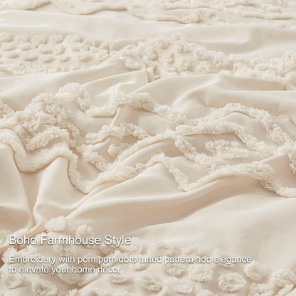 Luxudecor Beige Tufted Comforter Set Queen Size 3 Pieces Boho Shabby Chic Comforter Farmhouse Embroidery Bedding Set Soft Comforter for All Seasons (Beige, 90''x90'')