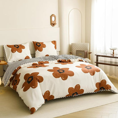Cottonight Pumpkin Sunflower Comforter Set Queen Women Girls Beige and Brown Floral Bedding Comforter Set Botanical Flowers Blanket Quilts Soft Breathable Cute Chic Big Flower Comforter