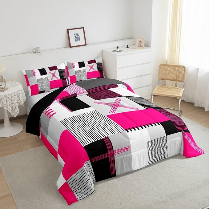 Erosebridal Hot Pink Grey Comforter Set Queen Black White Abstract Bedding Set for Kids Girls Teen Women Geometric Square Quilt Grids Checkered Duvet Insert Modern Fashion Room Decor 3 Pcs