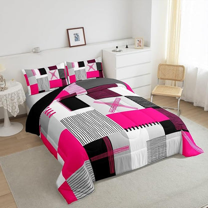 Erosebridal Hot Pink Grey Comforter Set Queen Black White Abstract Bedding Set for Kids Girls Teen Women Geometric Square Quilt Grids Checkered Duvet Insert Modern Fashion Room Decor 3 Pcs