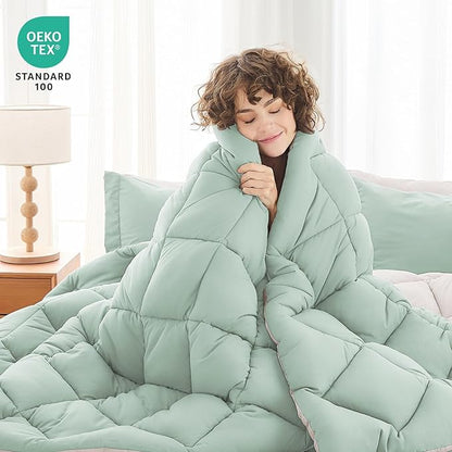 MUXHOMO 7 Pieces King Comforter Set, Reversible Bed in a Bag King Size, All Season Bedding Set with Comforter, Flat Sheet, Fitted Sheet, Pillowcases & Shams, Sage Green & Beige
