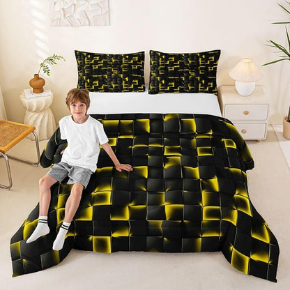Erosebridal Geometric Checkered Comforter King Size Neon Black Gold Comforter Set for Kids Teen Men Gaming Room Decor,Abstract Ombre Plaid Bedding Set Grids Quilt Duvet