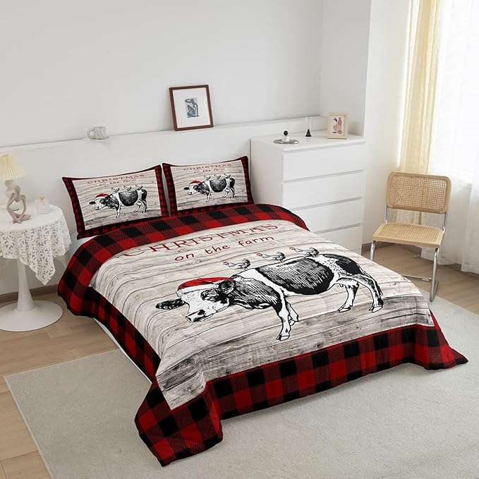 Castle Fairy Vintage Wooden Plank Red Grids 3 Pcs Comforter/Duvet Set,Cartoon Cow Chicken Ultra Soft Bed Collection,Christmas Farm Bedding for Room Decor 3 Pcs,Microfiber Breathable,King