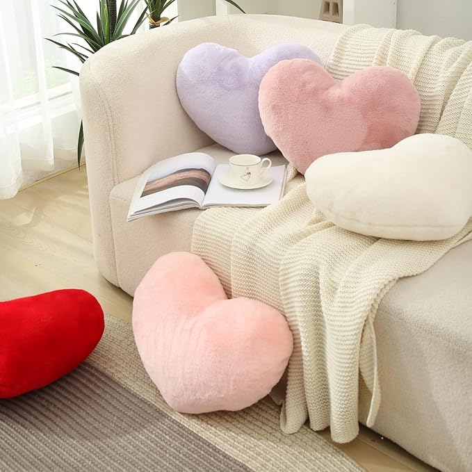 2 Pcs Heart Pillows Pink White Love Heart Shaped Throw Pillows Valentines Wedding Anniversary Faux Rabbit Fluffy Decorative Cushions for Livingroom Bed Sofa Car Couch Home Decor Aesthetic
