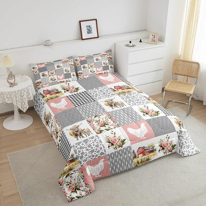Farmhouse Barn Comforter Set Twin Size,Chicken Highland Cow Flowers Grid Bedding Set for Kids Boys Men,Rustic Pink Patchwork Geometric Quilted Duvet Set with 1 Pillowcase