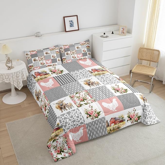 Farmhouse Barn Full Size Comforter Set,Chicken Highland Cow Flowers Grid Bedding Comforters Bedroom Collection,Rustic Pink Patchwork Geometric Bedding Set for Girls Teens