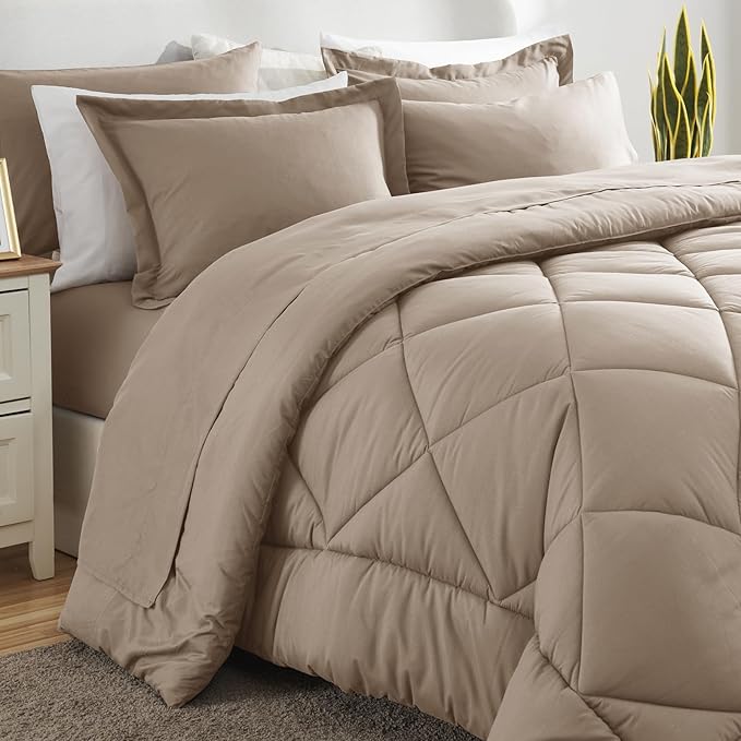 CozyLux Full Size Comforter Sets Khaki - 7 Pieces Bed in a Bag Full, Luxury Soft Bed Set for All Seasons, Bedding Set with Down Alternative Comforter, Sheets, Pillowcases & Shams