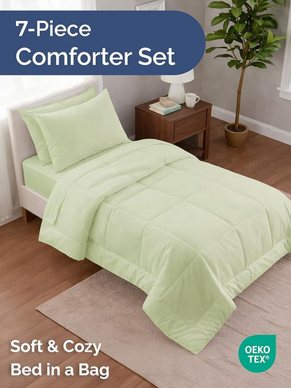 Twin XL Comforter Set - 5 Piece Bed in a Bag Twin XL Size Bed Set - Down Alternative Comforter, Flat Sheet, Fitted Sheet, Pillowcase & Sham for All Seasons - Ultra Soft & Breathable - Light Sage Green